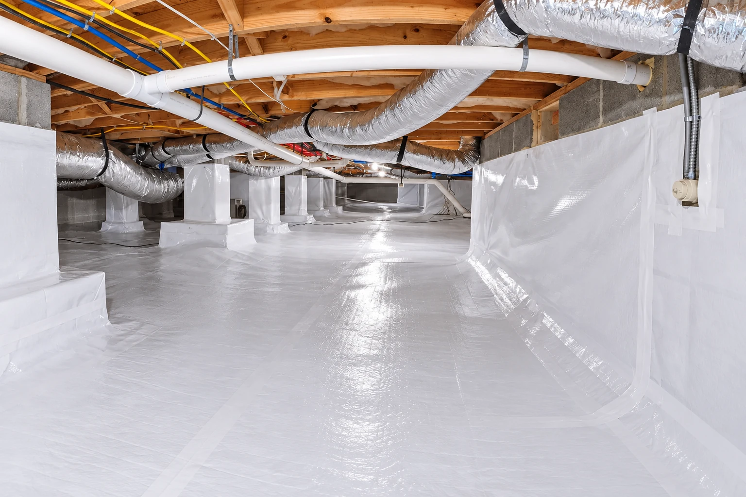 A crawl space has a continuous white vapor barrier across the floor and walls, with ducts and pipes overhead.