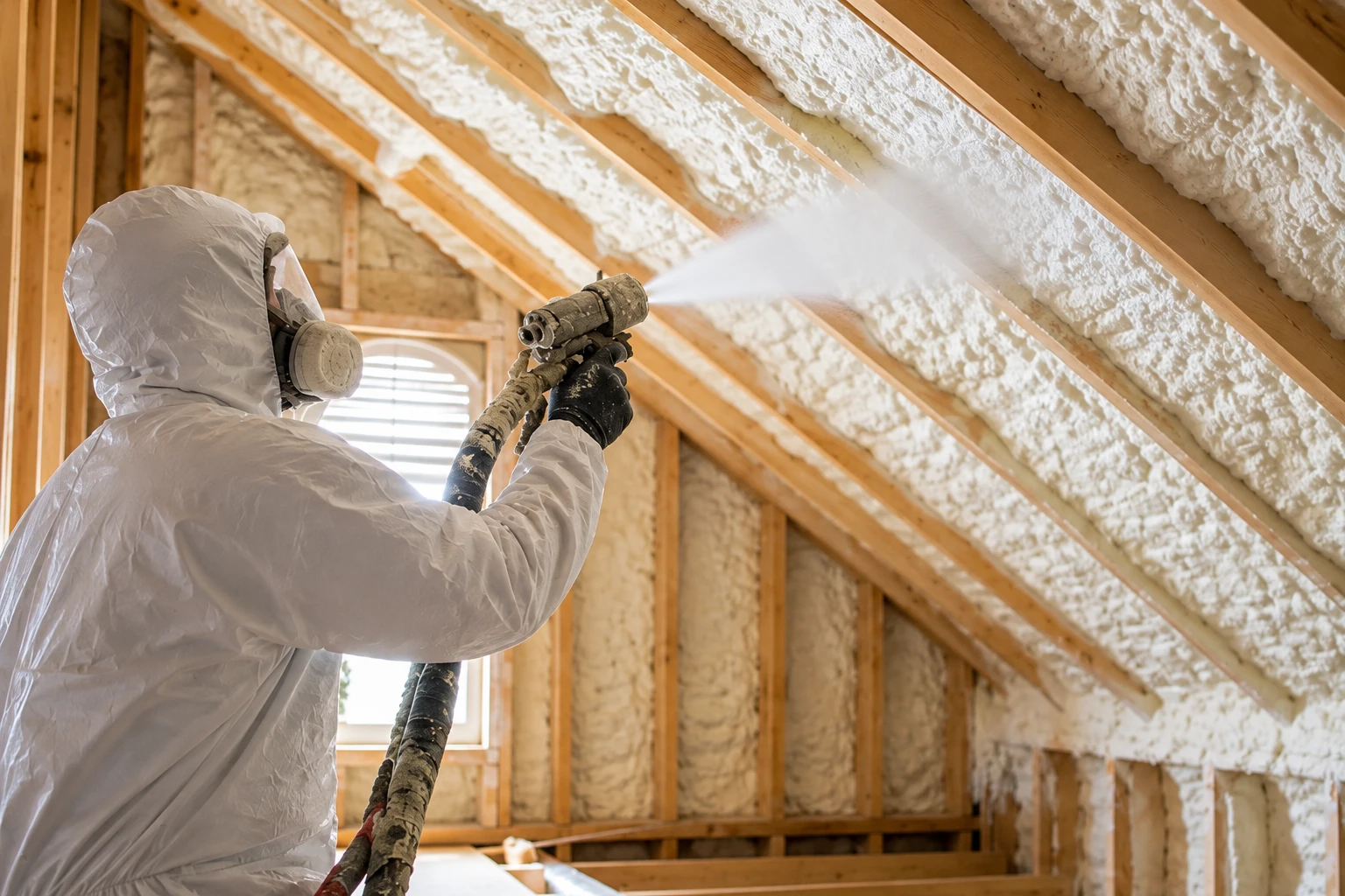 A worker in protective gear sprays foam insulation into the sloped roof cavities of an unfinished attic.