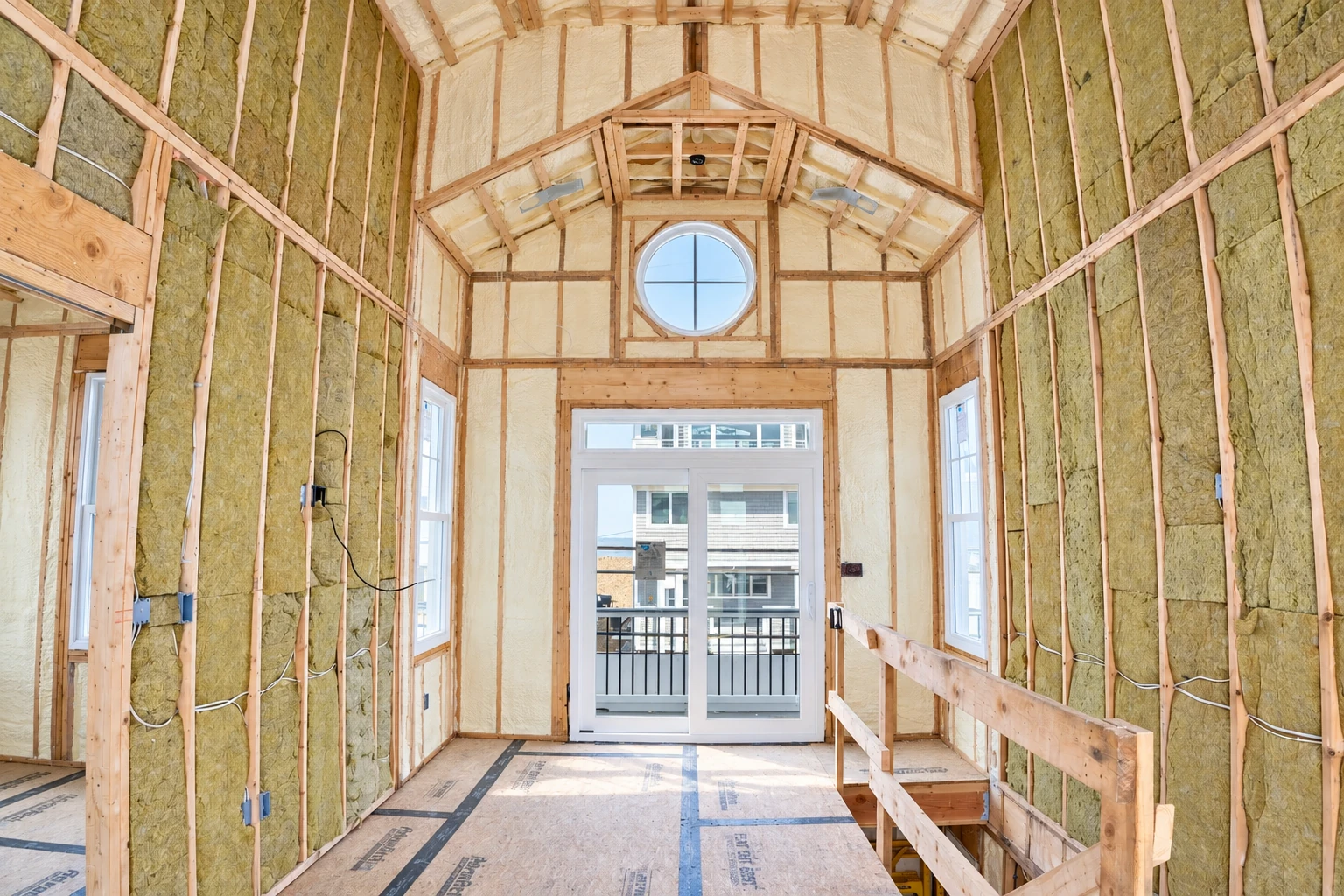 An unfinished room has yellow insulation between wooden wall studs and pale foam insulation along the roof framing.
