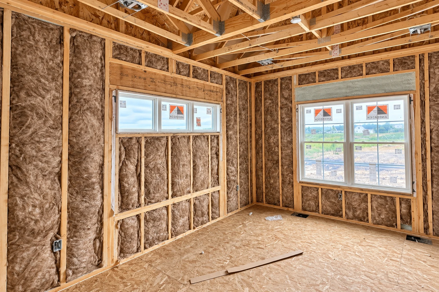 Unfinished room with brown batt insulation fitted between exposed wall studs and wooden roof framing.