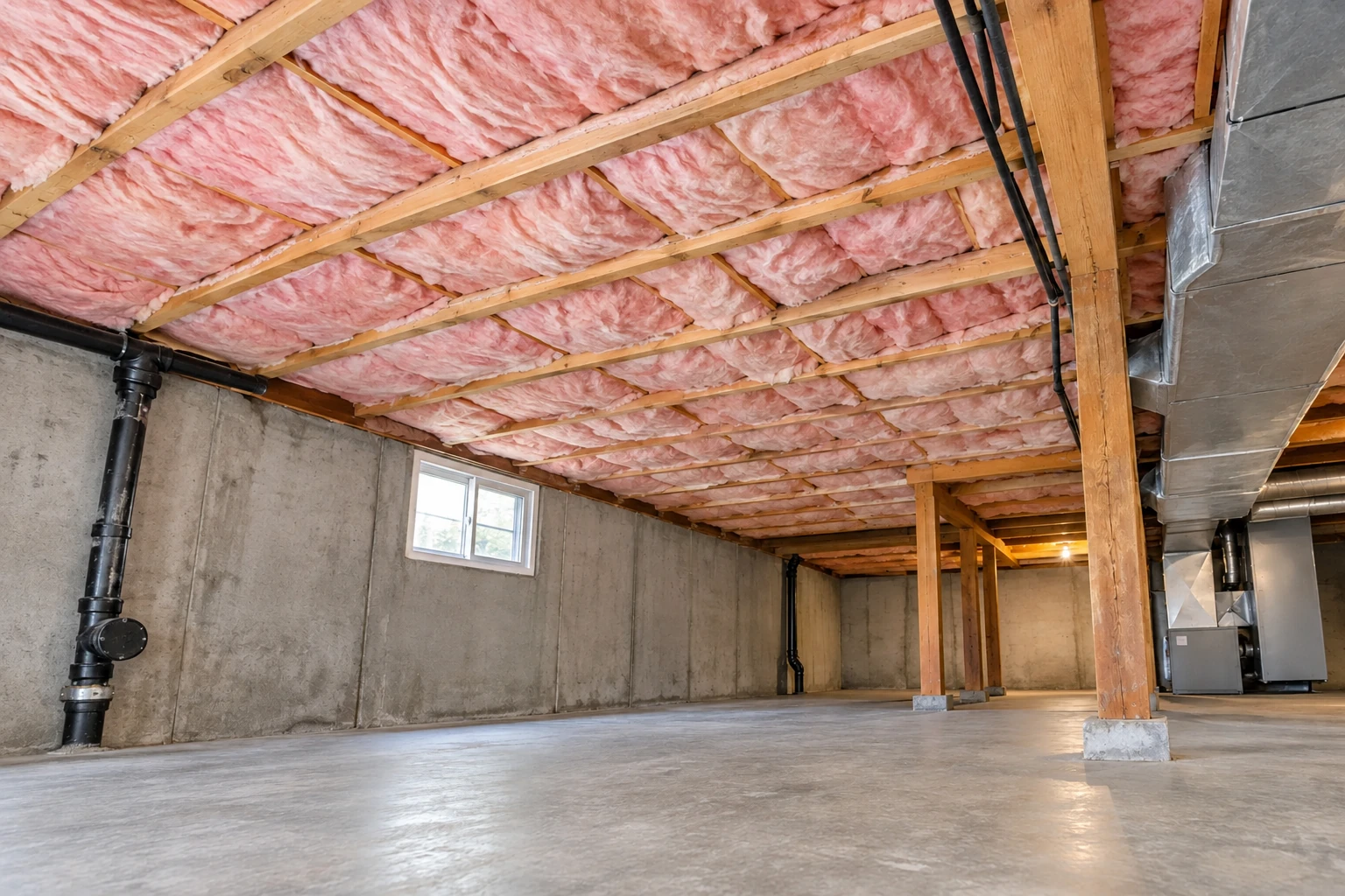 Pink fiberglass batts fill the ceiling joists of an unfinished basement with concrete walls and a bare floor.
