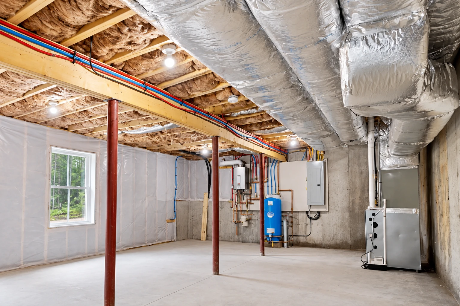 Basement insulation includes fiberglass batts between ceiling joists and large foil-wrapped ducts overhead.