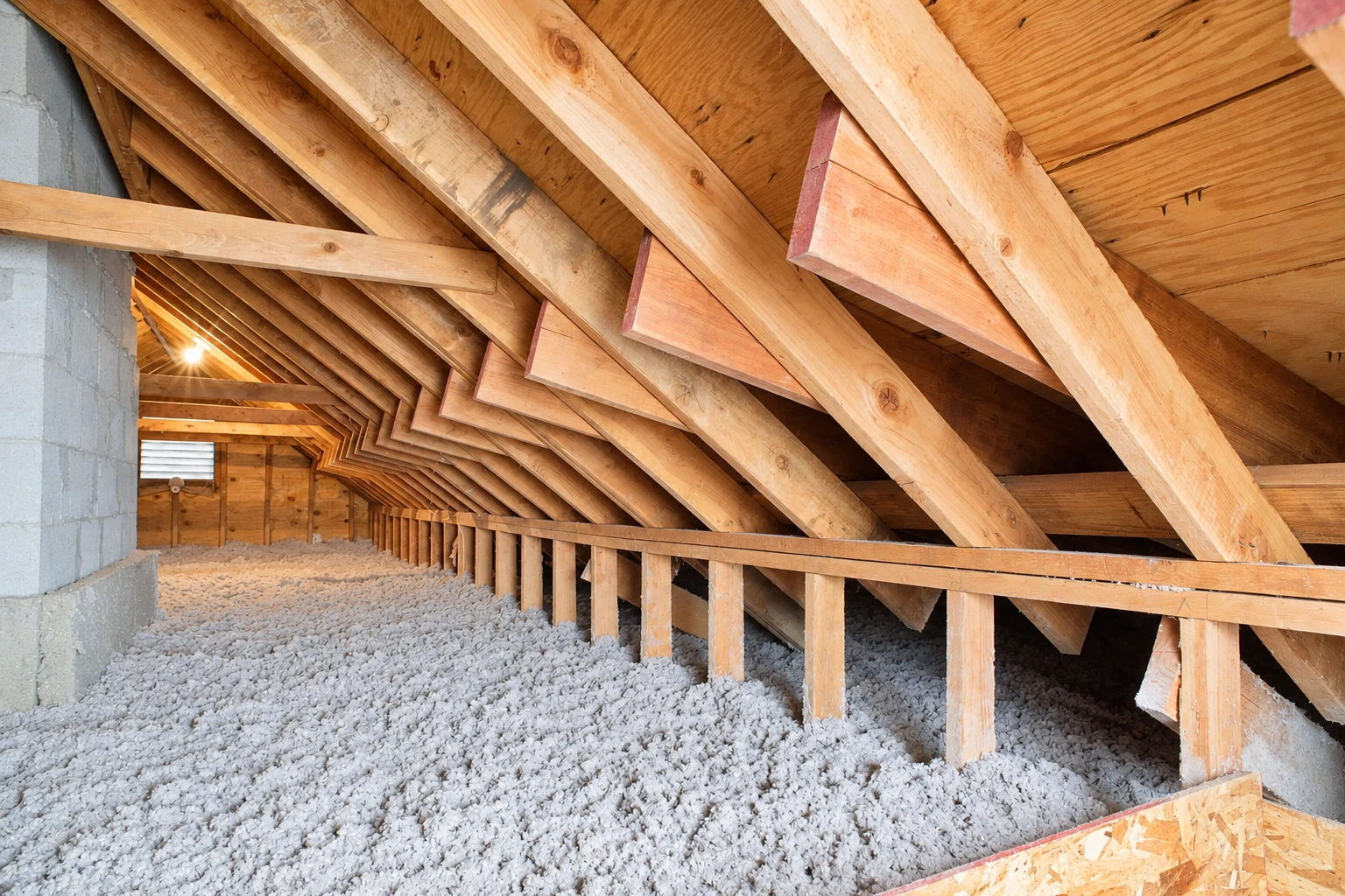 Loose blown-in insulation blankets an attic floor beneath exposed wooden roof trusses.