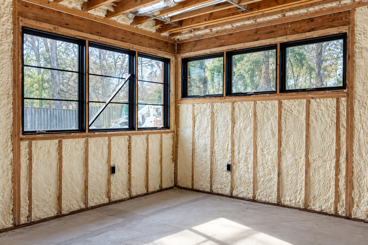 Foam insulation fills the walls of an unfinished room with black-framed windows and exposed timber framing.