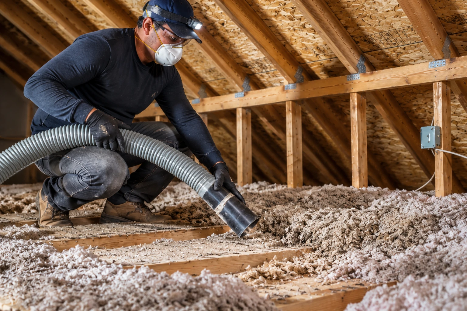 A masked worker kneels in an attic and directs a hose over loose-fill insulation spread across the floor.