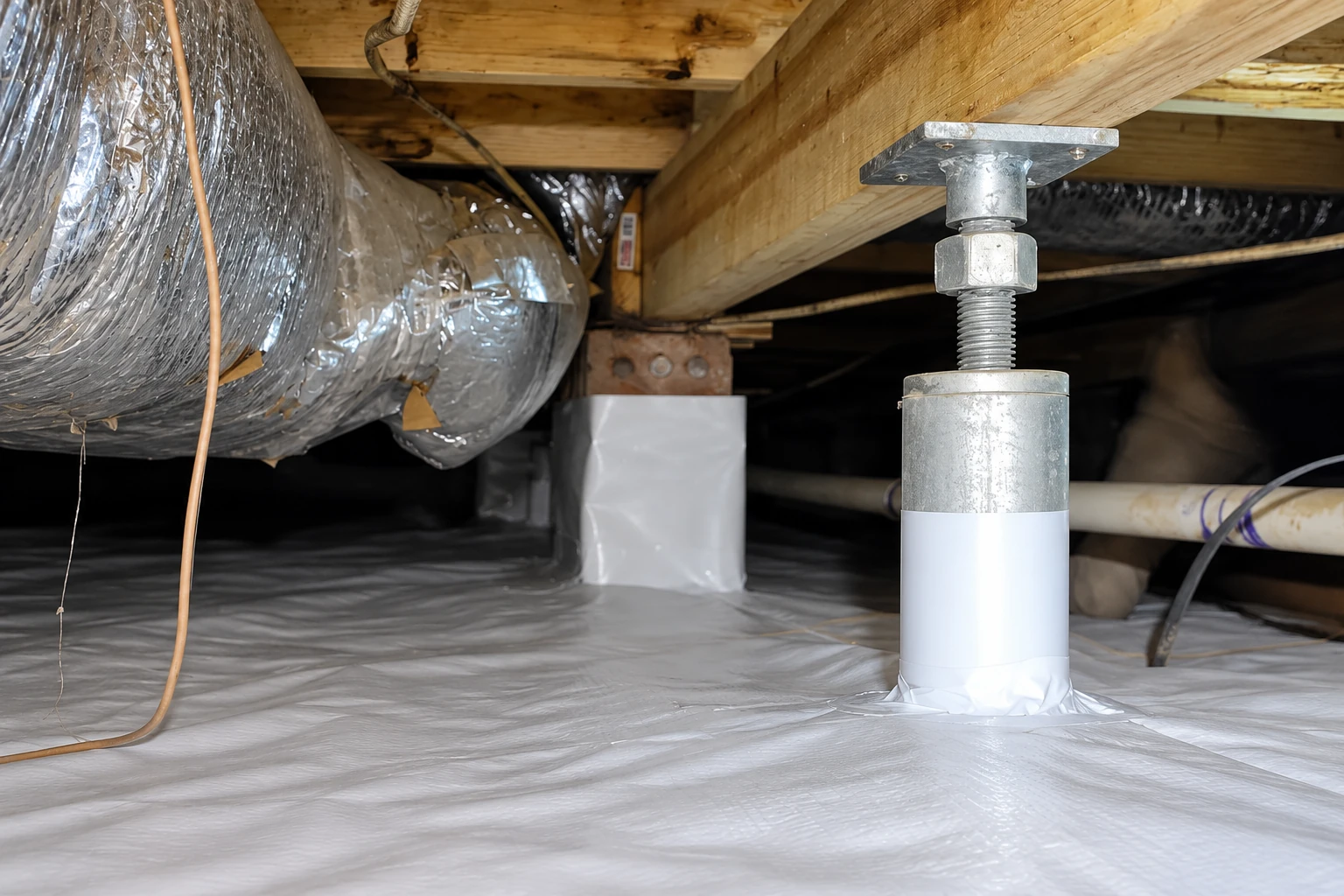 A sealed crawl space has a white floor vapor barrier, silver ductwork, and a metal support post beneath wooden joists.
