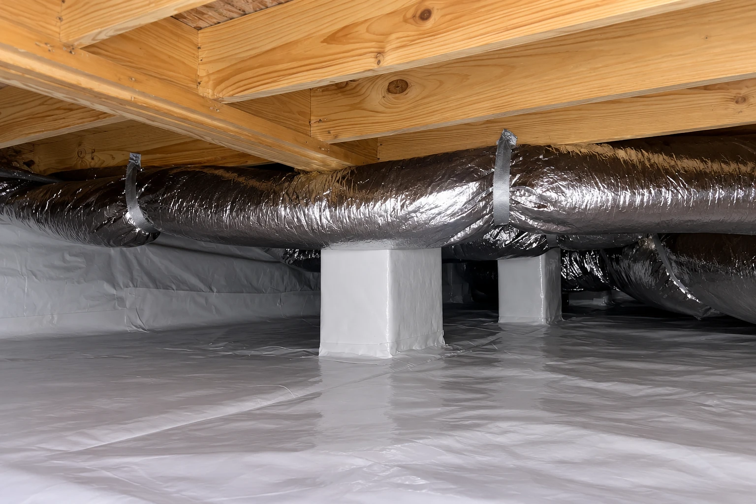 Insulated crawl space with silver-wrapped ducts suspended beneath wooden floor joists and white plastic covering the ground.