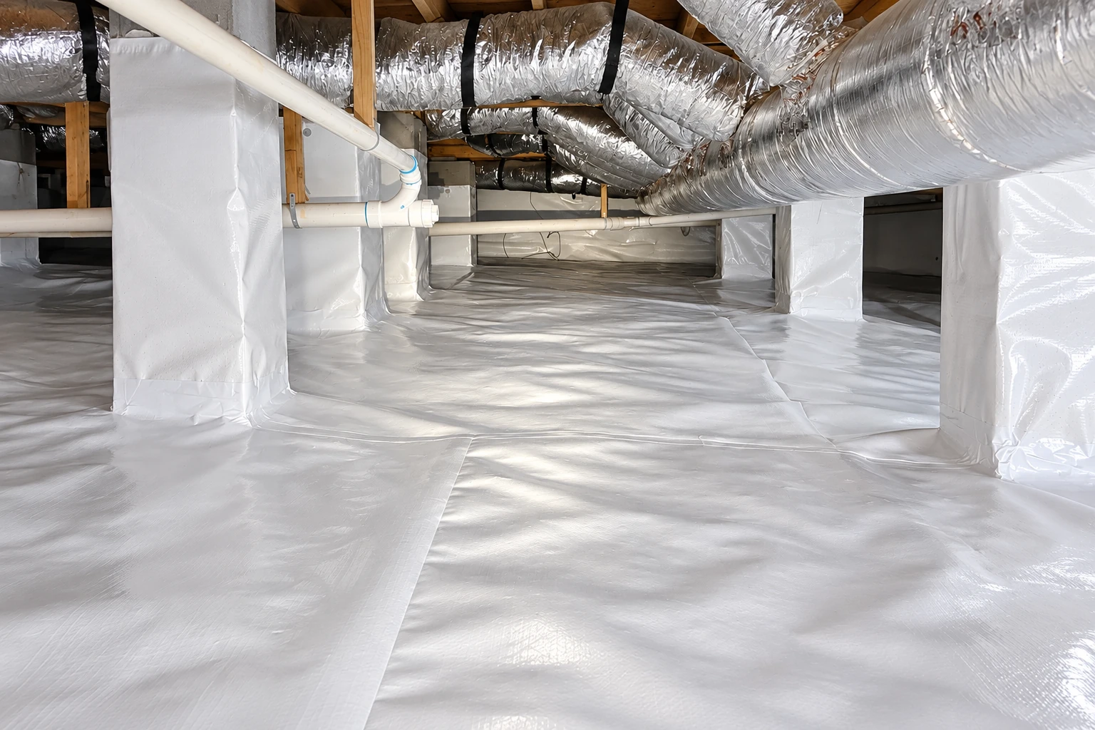 Crawl space with white vapor barrier covering the floor and support columns beneath silver-wrapped ducts and plumbing.