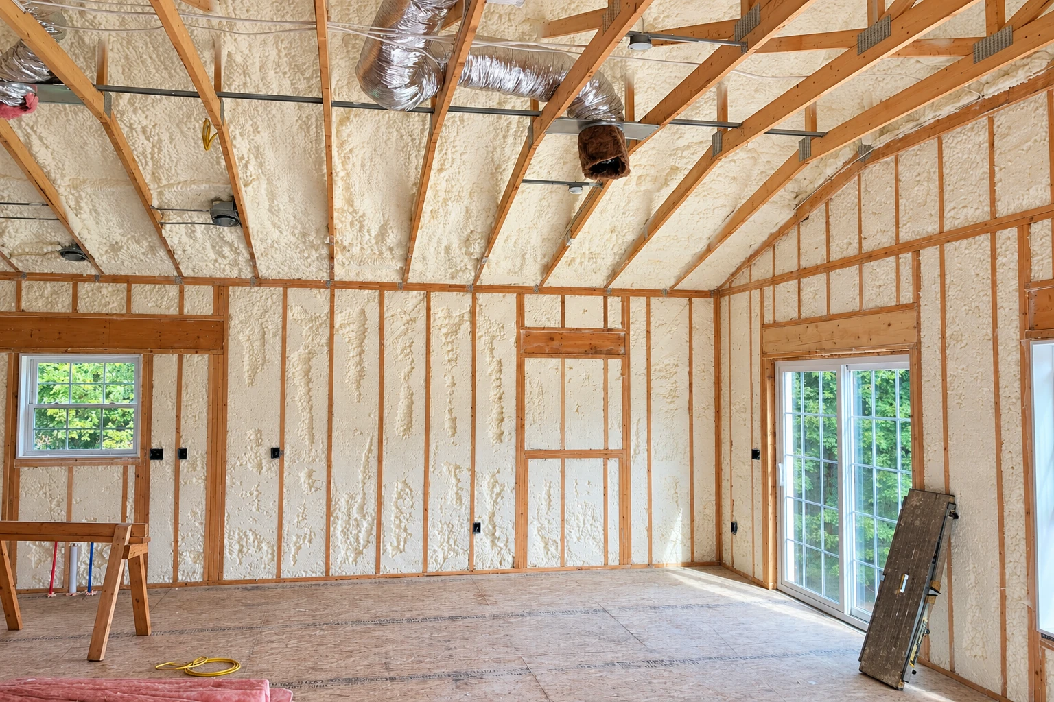 Unfinished room with pale spray foam insulation coating the walls and roof between exposed wooden framing.