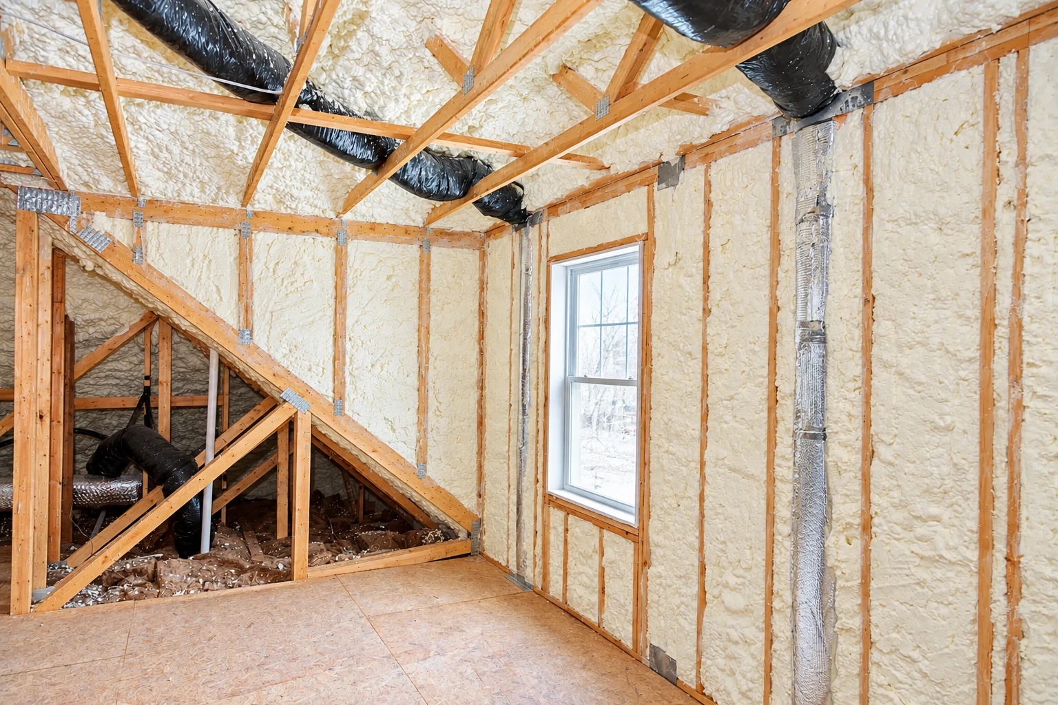Open-cell spray foam fills the roof and wall framing in an unfinished attic with exposed wooden trusses.