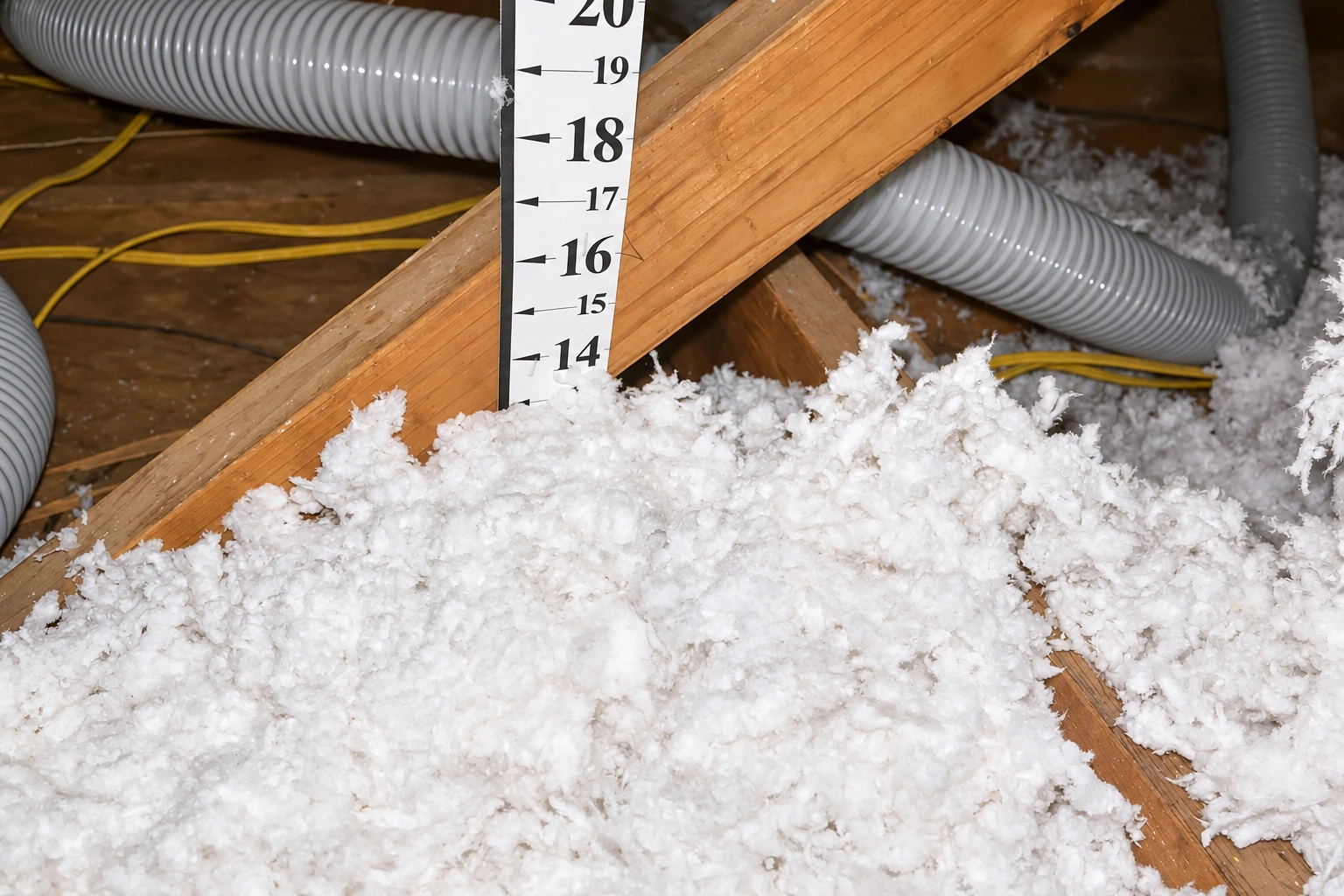 Loose white blown-in insulation fills an attic floor around exposed wooden rafters, with a depth ruler and flexible ducts above.