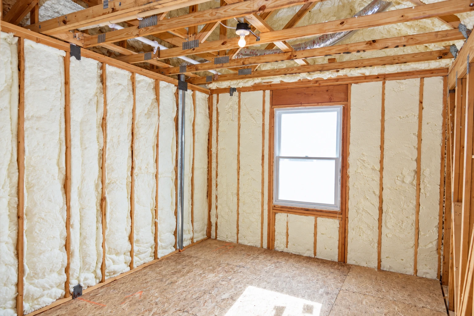 Foam insulation fills the wall and ceiling cavities of a small unfinished room with exposed framing and a window.