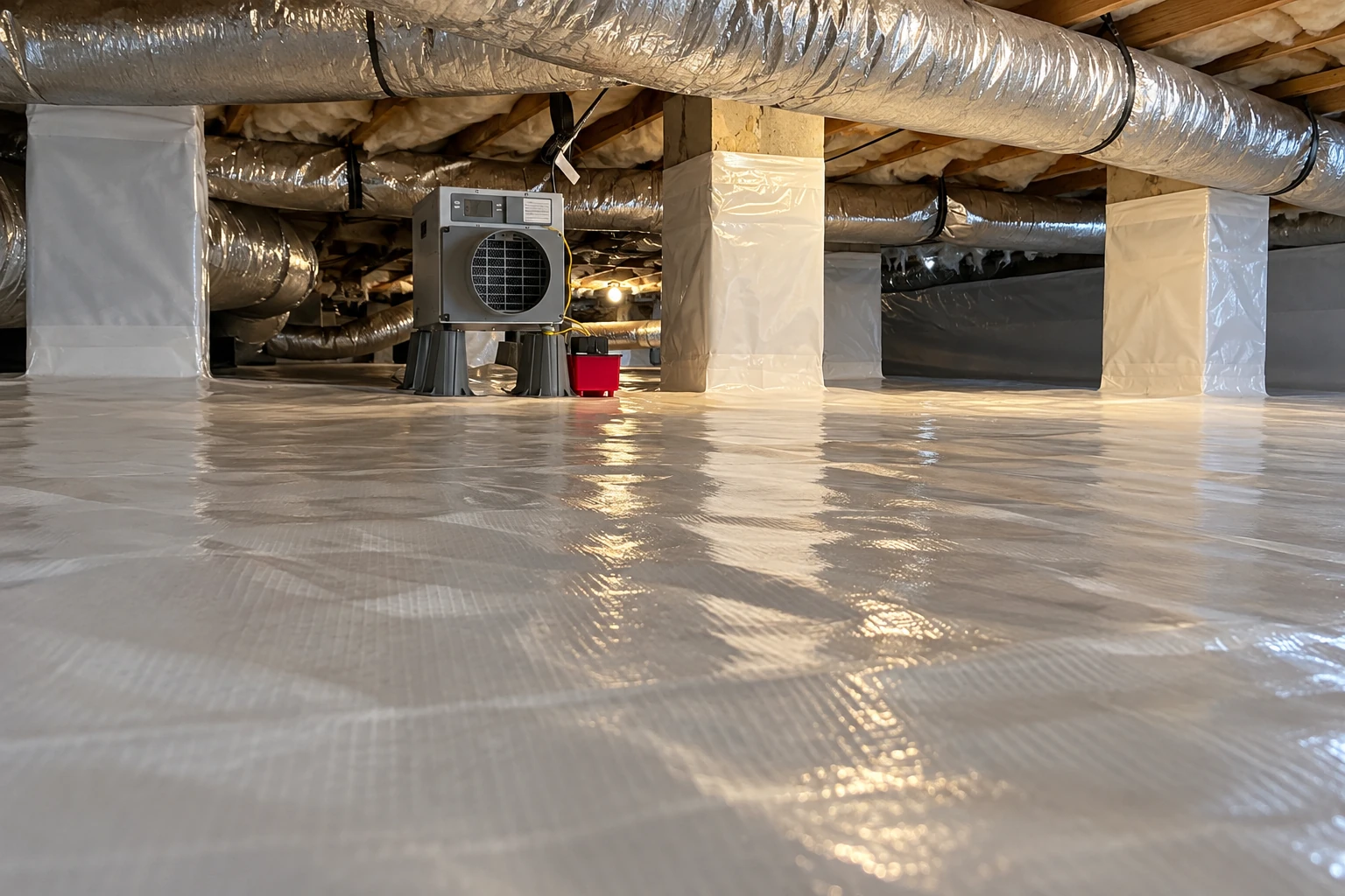 A crawl space has a white vapor barrier across the floor and wrapped around support posts, with ducts and equipment overhead.