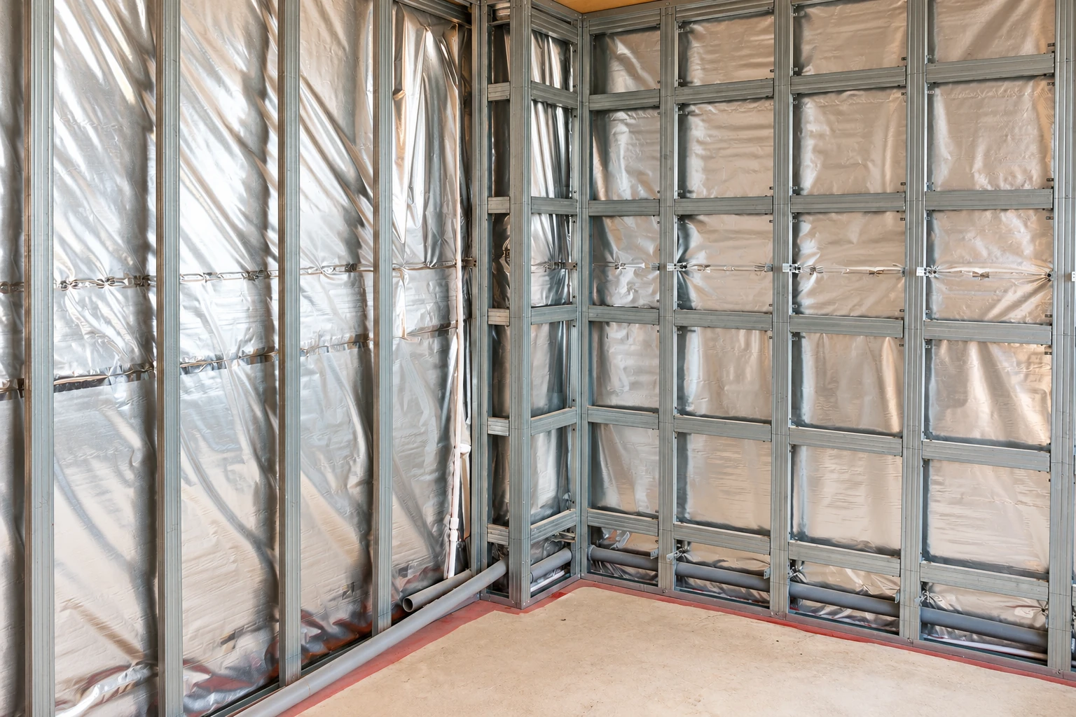 Reflective foil vapor barrier covers the inside of metal wall framing in an unfinished room.
